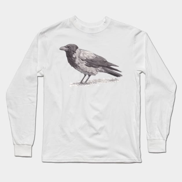 Hooded Crow - Inktober Long Sleeve T-Shirt by GaiaSorrentino